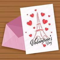 gelukkig Valentijnsdag dag groet kaart met envelop Aan bruin houten achtergrond. vector
