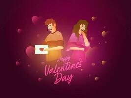 jong vrolijk paar met liefde brief en harten versierd Aan Purper achtergrond voor gelukkig Valentijnsdag dag. vector