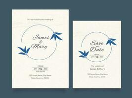 bruiloft uitnodiging kaart en opslaan de datum sjabloon lay-out in wit kleur. vector