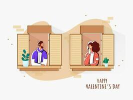 vector illustratie van jong paar op zoek elk andere van hun venster voor gelukkig Valentijnsdag dag concept.