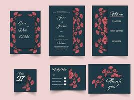 bloemen bruiloft uitnodiging suite in donker taling blauw en rood kleur. vector