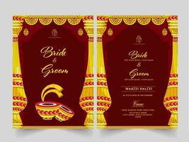 Indisch bruiloft kaart sjabloon ontwerp met evenementenlocatie details in donker rood en geel kleur. vector