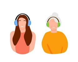jong en oud dame karakter reeks met hoofdtelefoons luisteren muziek- vector concept. vlak kleurrijk illustratie geïsoleerd Aan wit achtergrond.