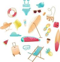 zomer helder reeks zwempak, bril, opblaasbaar watermeloen, handtas, camera, stuk van watermeloen, surfplank, wolken, room, ananas. gedraaid deken, schelp. vector illustratie