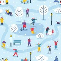 winter vakantie activiteiten naadloos patroon, stad park in wintertijd. gelukkig mensen skiën, ijs het schaatsen, wandelen buitenshuis vector achtergrond