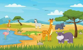 tekenfilm wild dieren in savanne, Afrikaanse safari dieren in het wild. schattig zebra, krokodil, flamingo, giraffe, savanne landschap vector illustratie