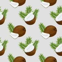 naadloos patroon, kokosnoten, kokosnoot helften met melk plons en palm bladeren. tropisch achtergrond, afdrukken, textiel, behang, vector