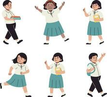 reeks van schattig school- kinderen in verschillend poseert. vector illustratie in tekenfilm stijl.
