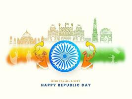 gelukkig republiek dag wensen met Ashoka wiel, traditioneel kleding mannen blazen tutari toeter en lineair stijl beroemd monumenten van Indië Aan driekleur achtergrond. vector