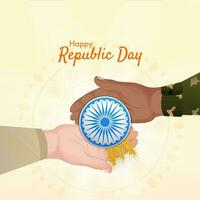 gelukkig republiek dag concept met menselijk handen Holding Ashoka wiel, tarwe oren Aan geel achtergrond. vector