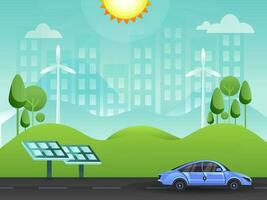 eco vriendelijk groen stad achtergrond met zonne- paneel, voertuig weg en zonneschijn. vector