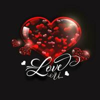 liefde u schoonschrift met rood klein harten binnen glas harten Aan zwart achtergrond. vector