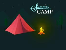 zomer kamp concept met rood tent, vreugdevuur en boom Aan donker taling achtergrond. vector