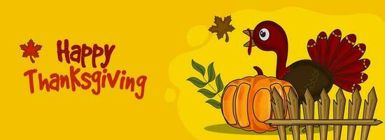 gelukkig dankzegging banier of hoofd ontwerp met tekenfilm kalkoen vogel, pompoen en herfst bladeren Aan geel achtergrond. vector