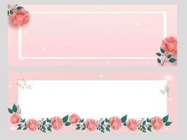 pastel roze en wit hoofd of banier versierd van roos bloemen, bladeren met ruimte voor tekst. vector