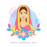 gelukkig vrouwen dag groet kaart met illustratie van een Indisch Dames en kleurrijk bloemen. vector