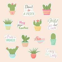 schattig cactussen in pot en citaten sticker set. modieus pastel kleuren. exotisch en tropisch huiselijk planten. vector