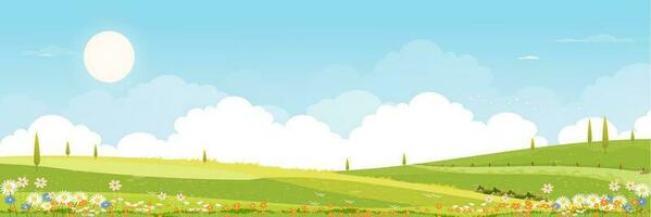 lente groene velden landschap met bergen, blauwe lucht en wolken achtergrond, panorama rustige landelijke natuur in de lente met groen grasland. cartoon vectorillustratie voor lente en zomer banner vector