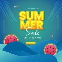 zomer uitverkoop poster ontwerp met korting aanbod en watermeloen plakjes Aan helling blauw golven achtergrond. vector