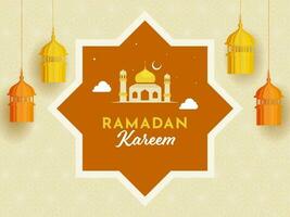Ramadan kareem doopvont met moskee, halve maan maan Aan wrijven el hizb kader en papier lantaarns versierd licht geel bloemen patroon achtergrond. vector