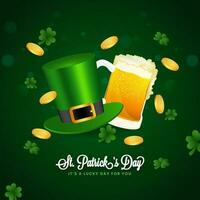 st. Patrick dag poster ontwerp met elf van Ierse folklore hoed, bier mok, gouden munten en Klaver bladeren versierd Aan groen achtergrond. vector