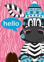 tekenfilm aanbiddelijk Hallo zebra in wolachtig sneeuwvlok hoed illustratie vector
