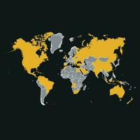 illustratie van een wereld land kaart geel en grijs wereld kaart Aan zwart vector