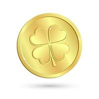 goud munt met Klaver blad, klaver. st. Patrick dag. traditioneel Iers symbool, mascotte, icoon, vector