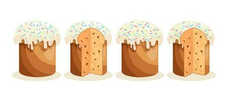 Pasen taart set. cakes met glazuur, geheel en gesneden. Pasen pictogrammen, decor elementen, vector