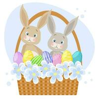 schattig Pasen konijntjes in een mand met eieren en bloemen. ansichtkaart, kinderachtig illustratie, vector
