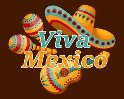 Mexicaans poster viva Mexico, sambrero, gitaar en maracas. illustratie, banier, vector