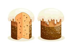 Pasen taart set. cakes met glazuur, geheel en gesneden. Pasen pictogrammen, decor elementen, vector