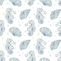 naadloos patroon met contour blauw schelpen en zeepaardjes Aan een wit achtergrond. marinier achtergrond, textiel, vector