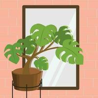 plein vector illustratie van een monstera fabriek in voorkant van de spiegel Aan een roze steen muur