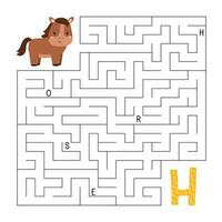 abc doolhof spel. leerzaam puzzel voor kinderen. labyrint met brieven. helpen paard vind Rechtsaf manier naar de brief h. afdrukbare werkzaamheid werkblad. leren Engels taal. vector illustratie