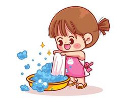schattig meisje wast kleren cartoon kunst illustratie vector