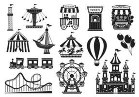 amusement park silhouet elementen, carnaval kermis attracties. kinderen carrousel, rol achtbaan, circus tent, kermis ritten icoon vector reeks