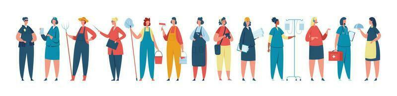 professioneel vrouw arbeider in uniform, Dames van verschillend beroepen. verschillend groep van Dames arbeiders staand samen vector illustratie