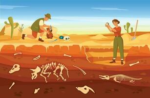 tekenfilm archeologisch uitgraving, archeologen ontdekken oude artefacten. paleontoloog vinden fossielen Bij graven plaats vector illustratie