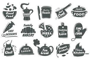 Koken belettering logo, keuken werktuig embleem, huis bakken kenteken. kookkunst en bakkerij citaten, restaurant of cafe menu logos vector reeks