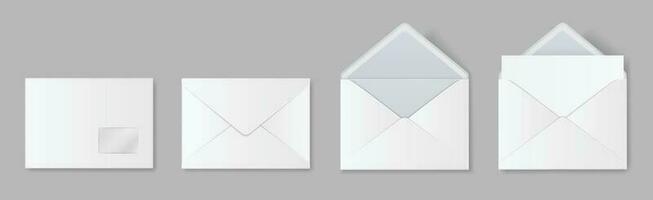 realistisch blanco wit envelop model, Open en Gesloten enveloppen. post- brief uitnodiging, papier mail sjabloon voorkant en terug visie vector reeks