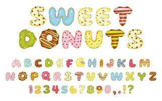 tekenfilm zoet donuts lettertype, kleurrijk geglazuurd donut brieven en nummers. schattig toetje alfabet, heerlijk abc donuts met hagelslag vector reeks