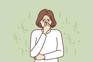 vrouw sluit neus- in walging Bij geur en giftig aroma veroorzaakt door schending van hygiëne reglement. jong meisje in wit trui voelt stinken en slecht geur van kleren of sokken in nodig hebben van het wassen vector