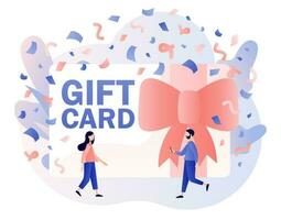 geschenk kaart, tegoedbon of coupon. klein mensen geven geschenk certificaat. Promotie strategie concept. uitverkoop, loyaliteit programma, bonus, marketing. modern vlak tekenfilm stijl. vector illustratie Aan wit achtergrond