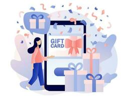 geschenk kaart, certificaat, tegoedbon of coupon online in smartphone app. Promotie strategie concept. uitverkoop, loyaliteit programma, bonus, marketing. modern vlak tekenfilm stijl. vector illustratie