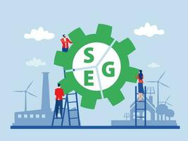 esg concept van milieu, sociaal en bestuur mensen delen de planeet aarde uitrusting met ecologie probleem esg hernieuwbaar, groente, veilig groen eco energie milieu vector