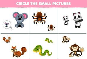 onderwijs spel voor kinderen cirkel de klein afbeelding van schattig tekenfilm koala spin panda eekhoorn slang aap afdrukbare dier werkblad vector