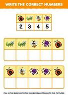 onderwijs spel voor kinderen schrijven de Rechtsaf getallen in de doos volgens naar de schattig tekenfilm lieveheersbeestje sprinkhaan bij spin Aan de tafel afdrukbare dier werkblad vector