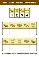 onderwijs spel voor kinderen schrijven de Rechtsaf getallen in de doos volgens naar de schattig tekenfilm rups- kikker slang leguaan Aan de tafel afdrukbare dier werkblad vector