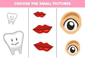 onderwijs spel voor kinderen Kiezen de klein afbeelding van schattig tekenfilm tand lip en oog afdrukbare anatomie werkblad vector